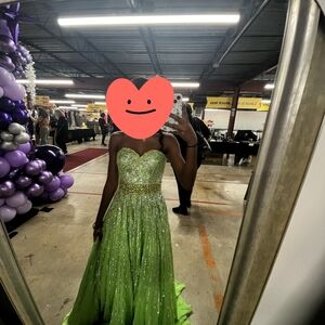 Green Strapless Gown with Gold Accents